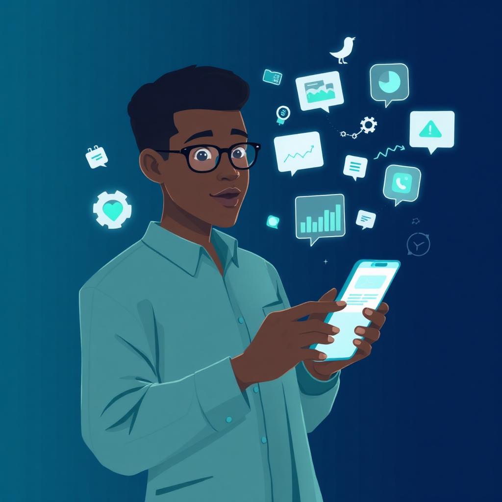 Illustration of a Kenyan professional consuming digital news and social media on a smartphone