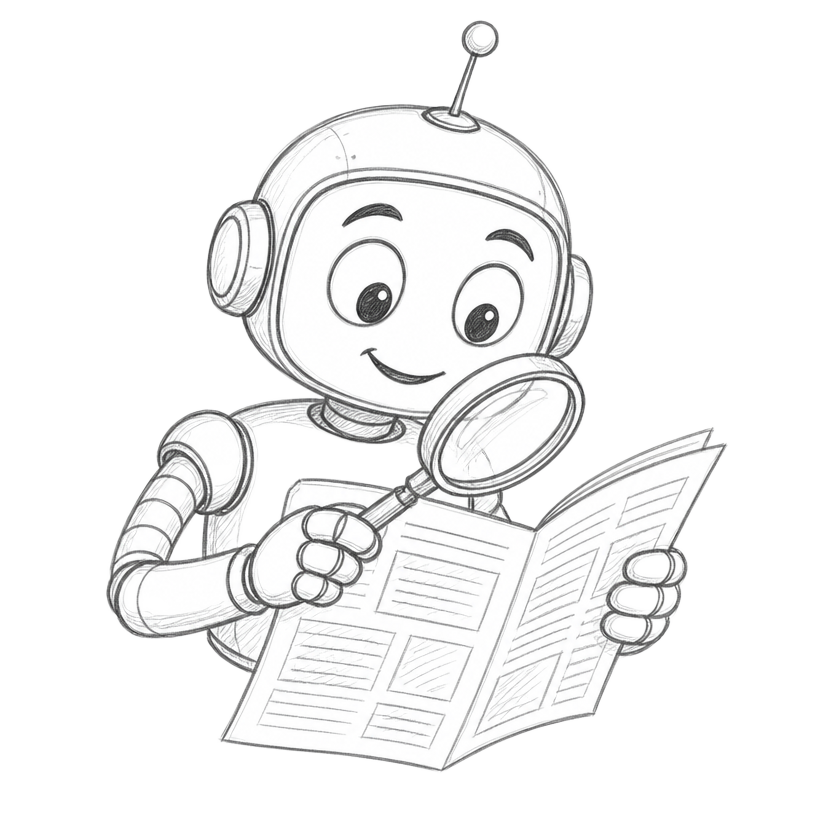 Pencil sketch of an AI robot assisting a newsroom