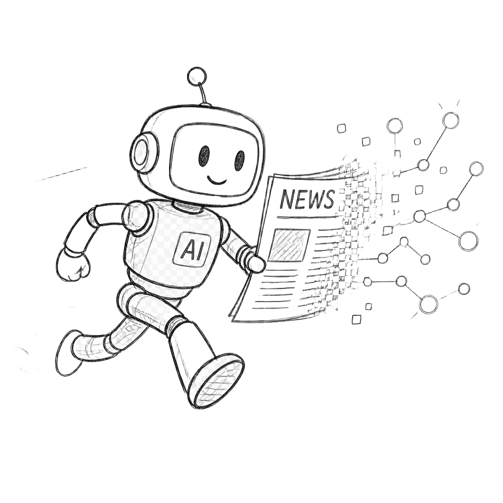 Pencil sketch of a newspaper press transforming into digital data streams