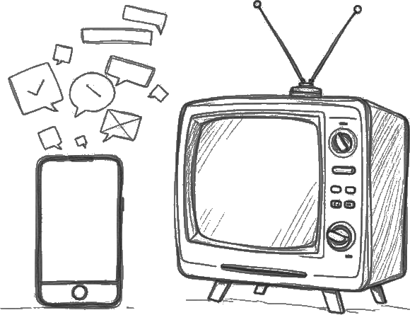 Pencil sketch of a smartphone with chat bubbles next to an old television