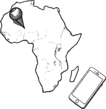 Pencil sketch of the African continent with a map pin and a smartphone